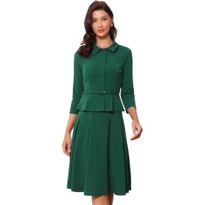 imageAllegra K Business Skirt Suit Sets for Womens 2 Piece Outfits Office 34 Sleeve Blazer Jacket Pleated SkirtsDark Green
