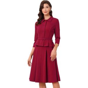imageAllegra K Business Skirt Suit Sets for Womens 2 Piece Outfits Office 34 Sleeve Blazer Jacket Pleated SkirtsDark Red