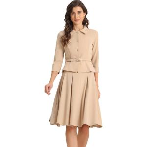 imageAllegra K Business Skirt Suit Sets for Womens 2 Piece Outfits Office 34 Sleeve Blazer Jacket Pleated SkirtsKhaki