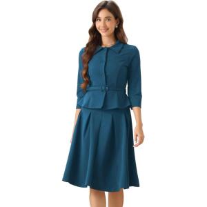 imageAllegra K Business Skirt Suit Sets for Womens 2 Piece Outfits Office 34 Sleeve Blazer Jacket Pleated SkirtsLake Blue