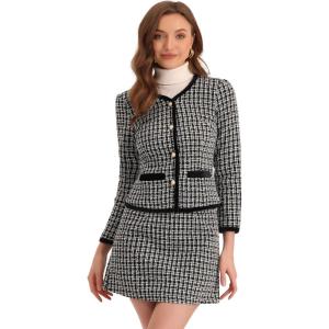 imageAllegra K Business Suit Set for Womens 2 Piece Outfits Plaid Tweed Easter Short Blazer Jacket and Skirt SetsBlack