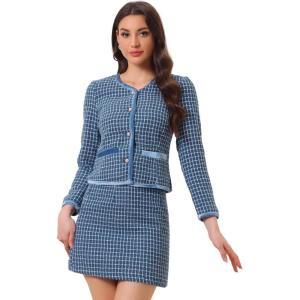 imageAllegra K Business Suit Set for Womens 2 Piece Outfits Plaid Tweed Easter Short Blazer Jacket and Skirt SetsBlue
