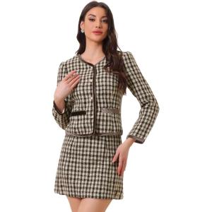 imageAllegra K Business Suit Set for Womens 2 Piece Outfits Plaid Tweed Easter Short Blazer Jacket and Skirt SetsBrown