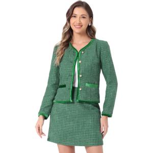 imageAllegra K Business Suit Set for Womens 2 Piece Outfits Plaid Tweed Easter Short Blazer Jacket and Skirt SetsGreen