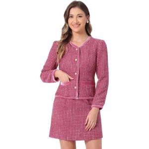 imageAllegra K Business Suit Set for Womens 2 Piece Outfits Plaid Tweed Easter Short Blazer Jacket and Skirt SetsHot Pink