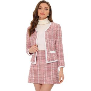 imageAllegra K Business Suit Set for Womens 2 Piece Outfits Plaid Tweed Easter Short Blazer Jacket and Skirt SetsPink