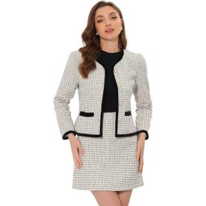 imageAllegra K Business Suit Set for Womens 2 Piece Outfits Plaid Tweed Easter Short Blazer Jacket and Skirt SetsWhite
