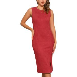 imageAllegra K Faux Suede Dresses for Womens Sleeveless Crewneck Split Hem Work Office Sheath DressRed