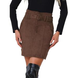 imageAllegra K Faux Suede Skirt for Womens High Waist Casual Belted Pencil SkirtsDark Brown