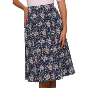 imageAllegra K Floral Skirt for Womens Elastic Waist ALine Midi SkirtsNavy Blue