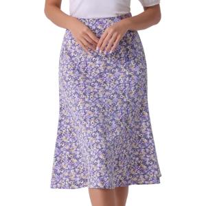 imageAllegra K Floral Skirt for Womens Elastic Waist ALine Midi SkirtsPurple