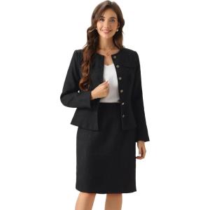 imageAllegra K Suit Set for Womens 2 Piece Outfits Tweed Peplum Collarless Blazer Jacket and Skirt SetsBlack