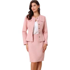 imageAllegra K Suit Set for Womens 2 Piece Outfits Tweed Peplum Collarless Blazer Jacket and Skirt SetsPink