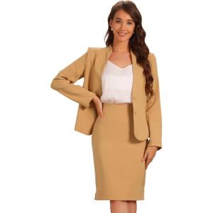 imageAllegra K Suits 2 Piece Skirt Set for Womens Business Office Outfits Collarless Blazer Pencil Skirts Suit SetsBrown