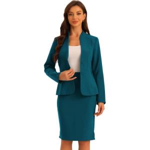 imageAllegra K Suits 2 Piece Skirt Set for Womens Business Office Outfits Collarless Blazer Pencil Skirts Suit SetsLake Blue