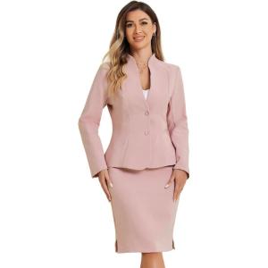imageAllegra K Suits 2 Piece Skirt Set for Womens Business Office Outfits Collarless Blazer Pencil Skirts Suit SetsPink