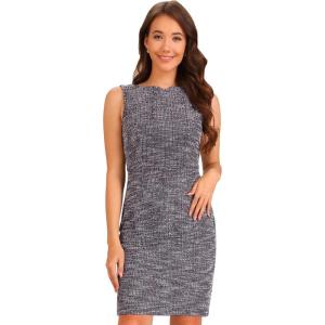 imageAllegra K Tweed Dress for Womens Business Boat Neck Sleeveless Plaid Sheath DressesBlack
