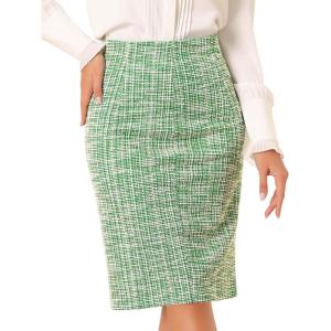 imageAllegra K Tweed Skirt for Womens Office Work High Waist Split Bodycon Plaid Pencil SkirtsGreen
