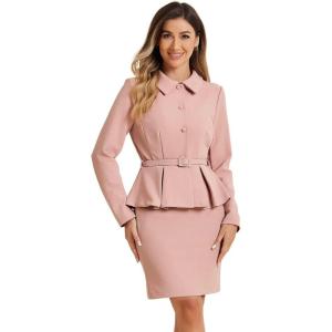 imageAllegra K Two Pieces Suits for Womens Business Peplum Blazer Jacket Mini Pencil Skirt SetsPink