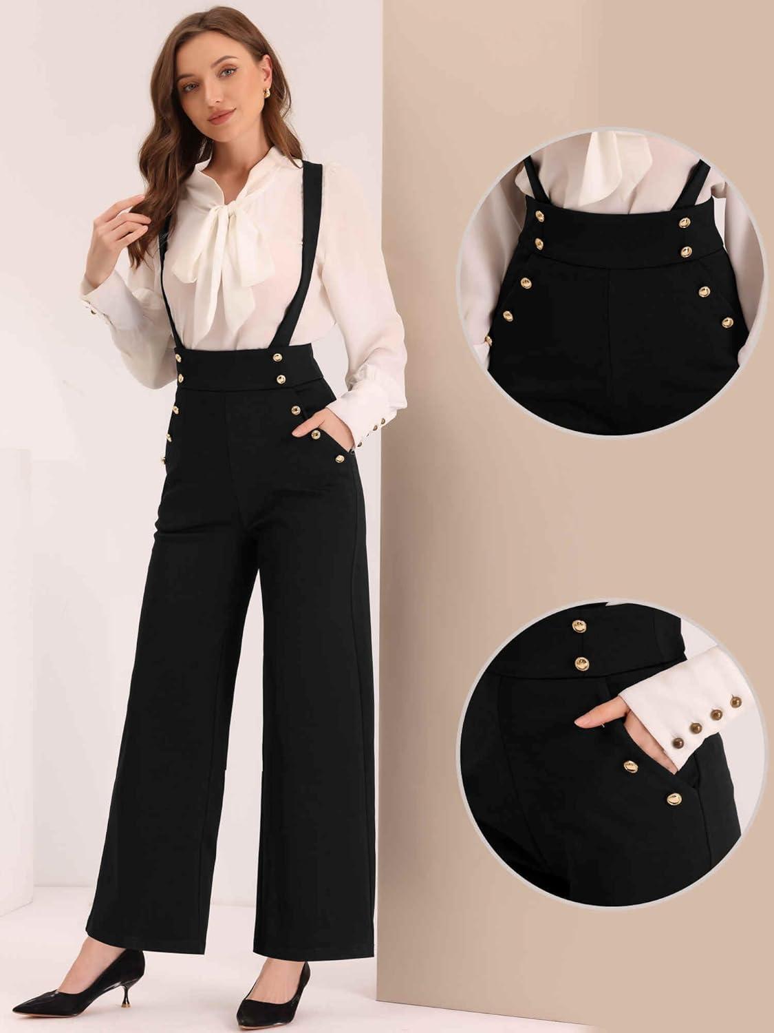 imageAllegra K Casual Office Jumpsuits for Womens Adjustable Straps Wide Leg Suspenders Pants OverallBlack