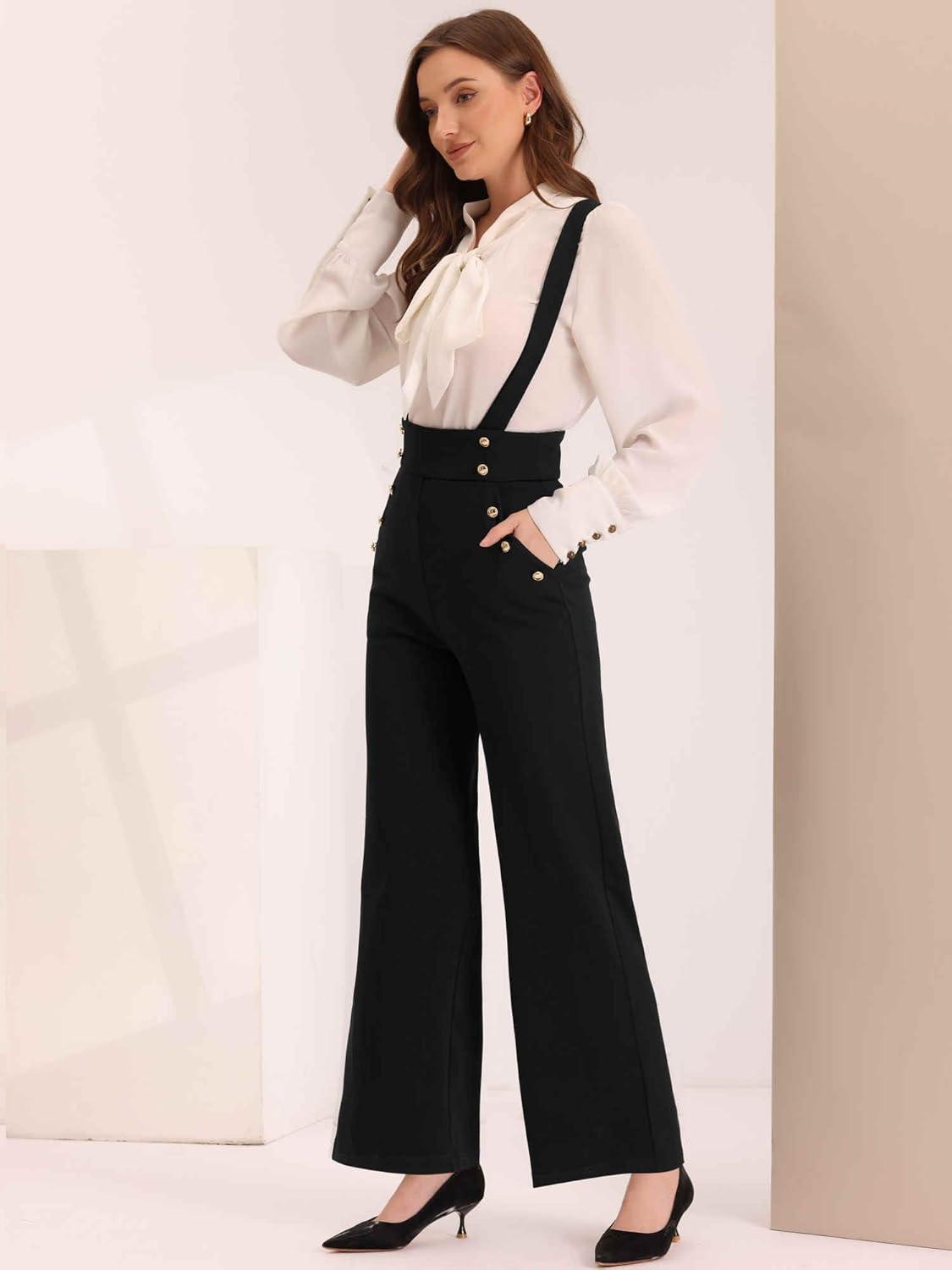 imageAllegra K Casual Office Jumpsuits for Womens Adjustable Straps Wide Leg Suspenders Pants OverallBlack