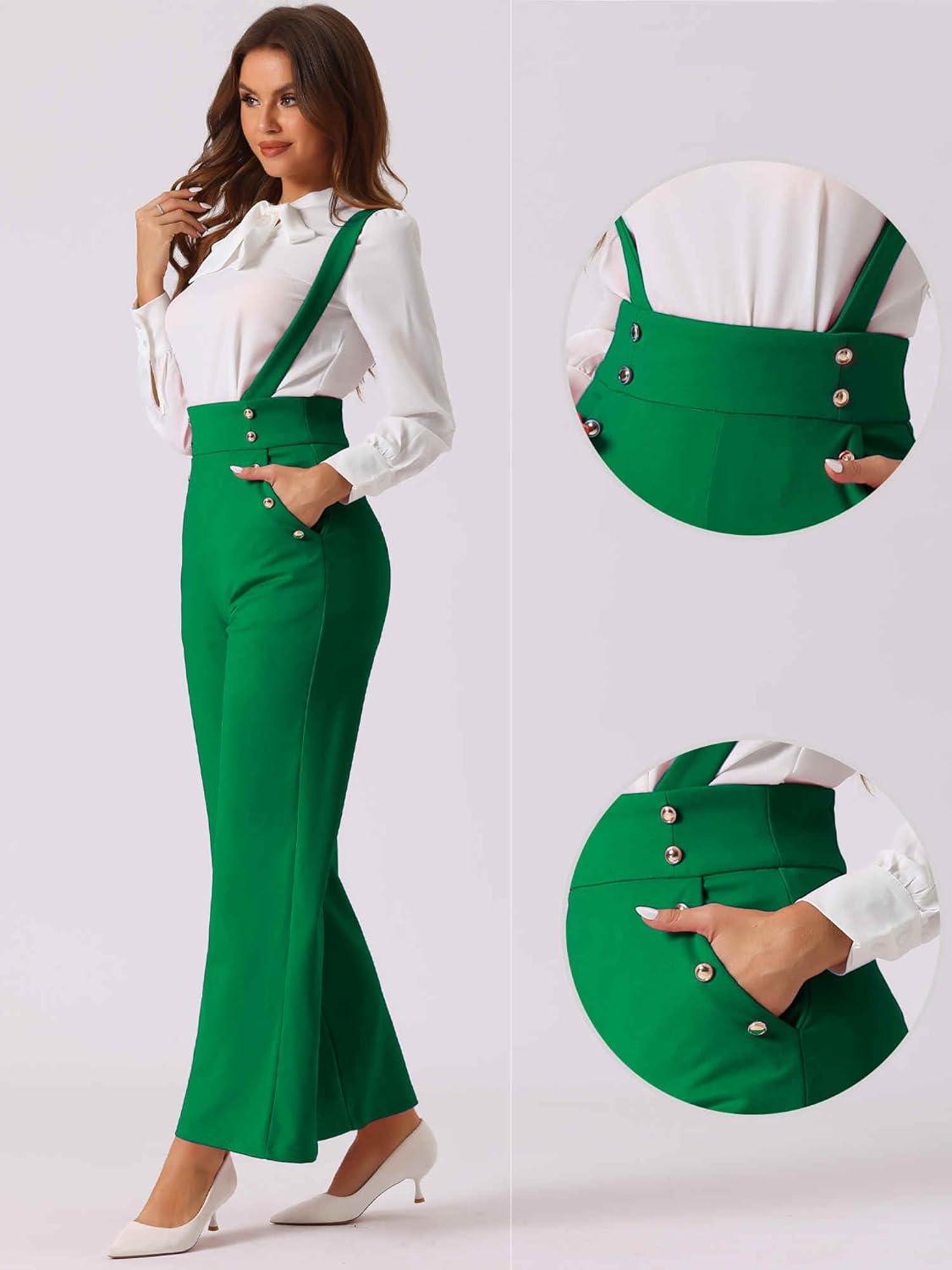imageAllegra K Casual Office Jumpsuits for Womens Adjustable Straps Wide Leg Suspenders Pants OverallDark Green