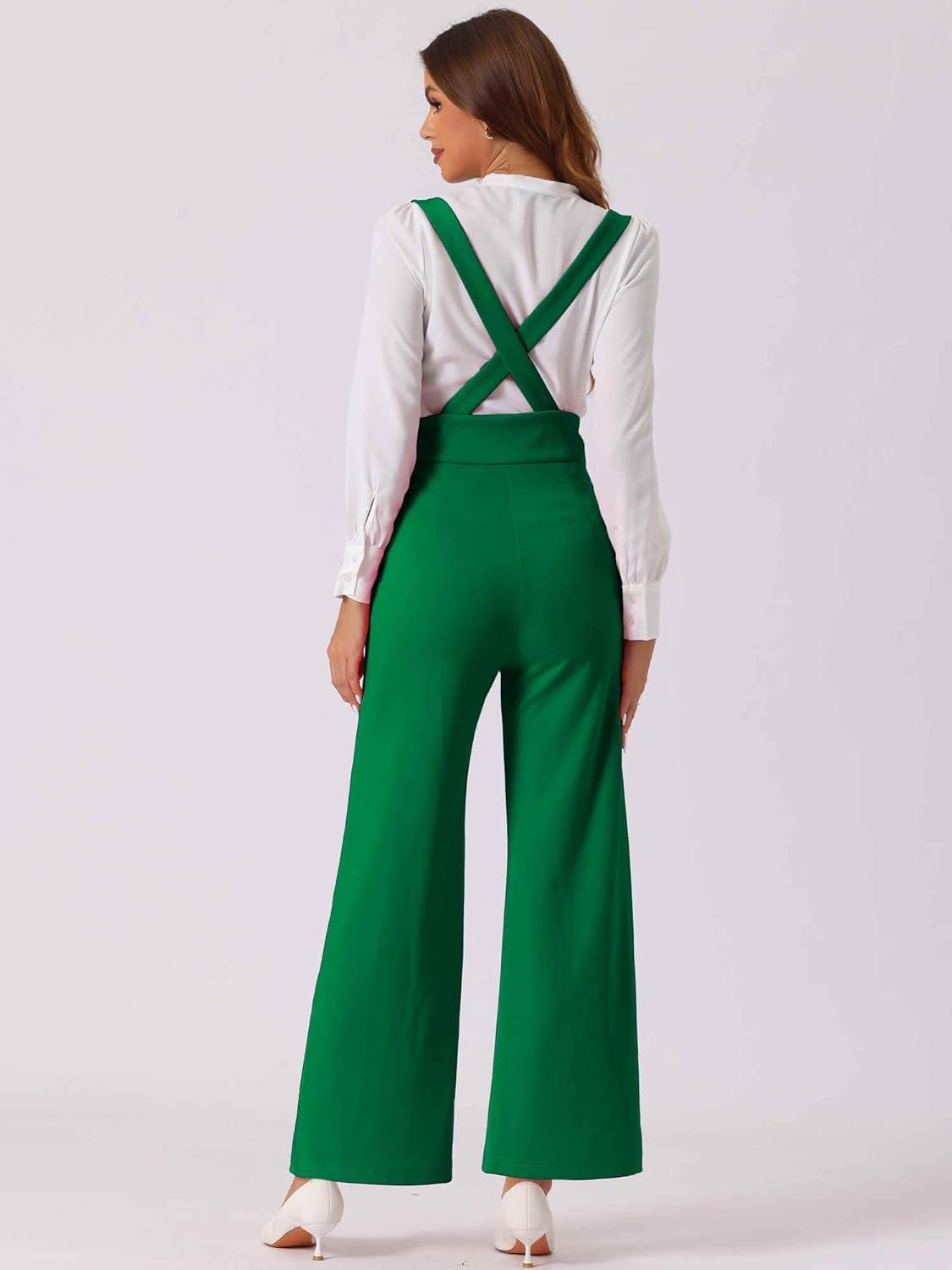 imageAllegra K Casual Office Jumpsuits for Womens Adjustable Straps Wide Leg Suspenders Pants OverallDark Green