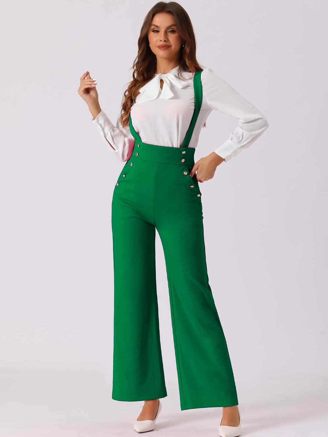 imageAllegra K Casual Office Jumpsuits for Womens Adjustable Straps Wide Leg Suspenders Pants OverallDark Green