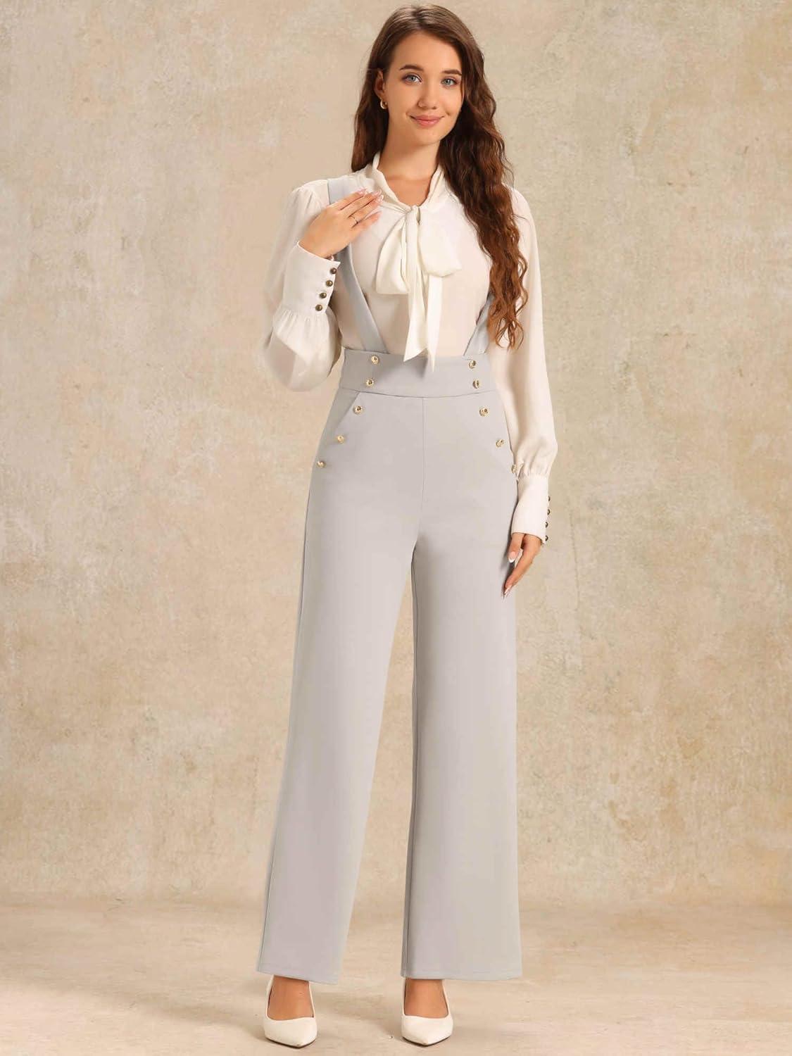 imageAllegra K Casual Office Jumpsuits for Womens Adjustable Straps Wide Leg Suspenders Pants OverallGrey Beige