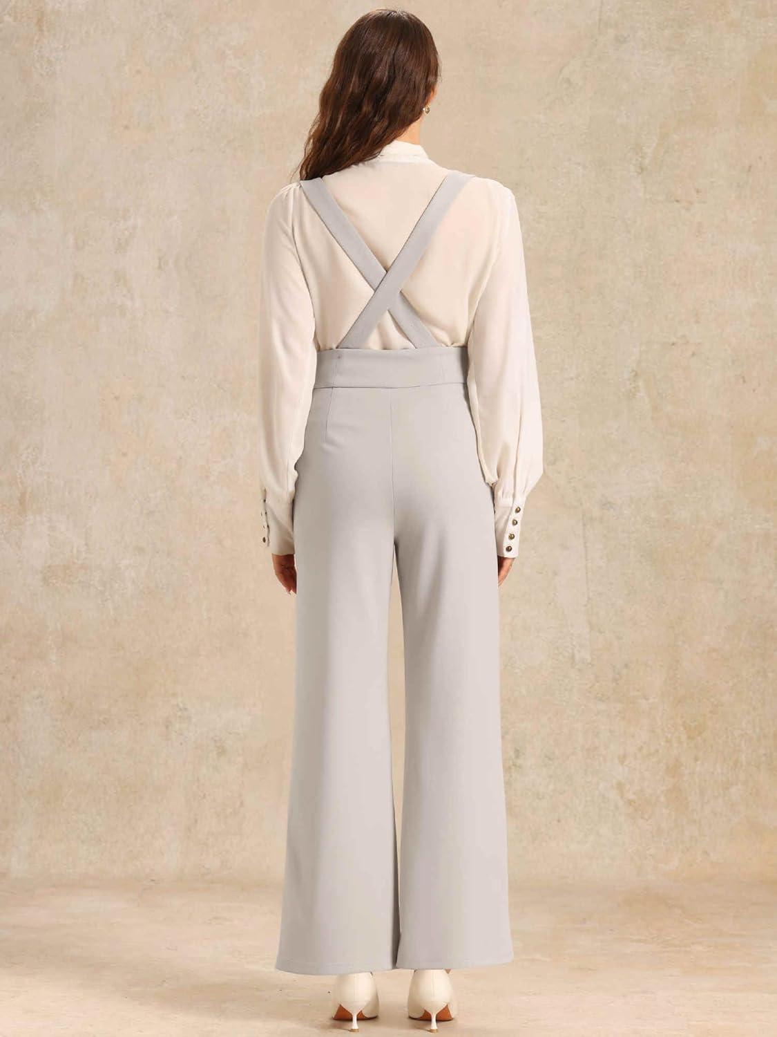 imageAllegra K Casual Office Jumpsuits for Womens Adjustable Straps Wide Leg Suspenders Pants OverallGrey Beige