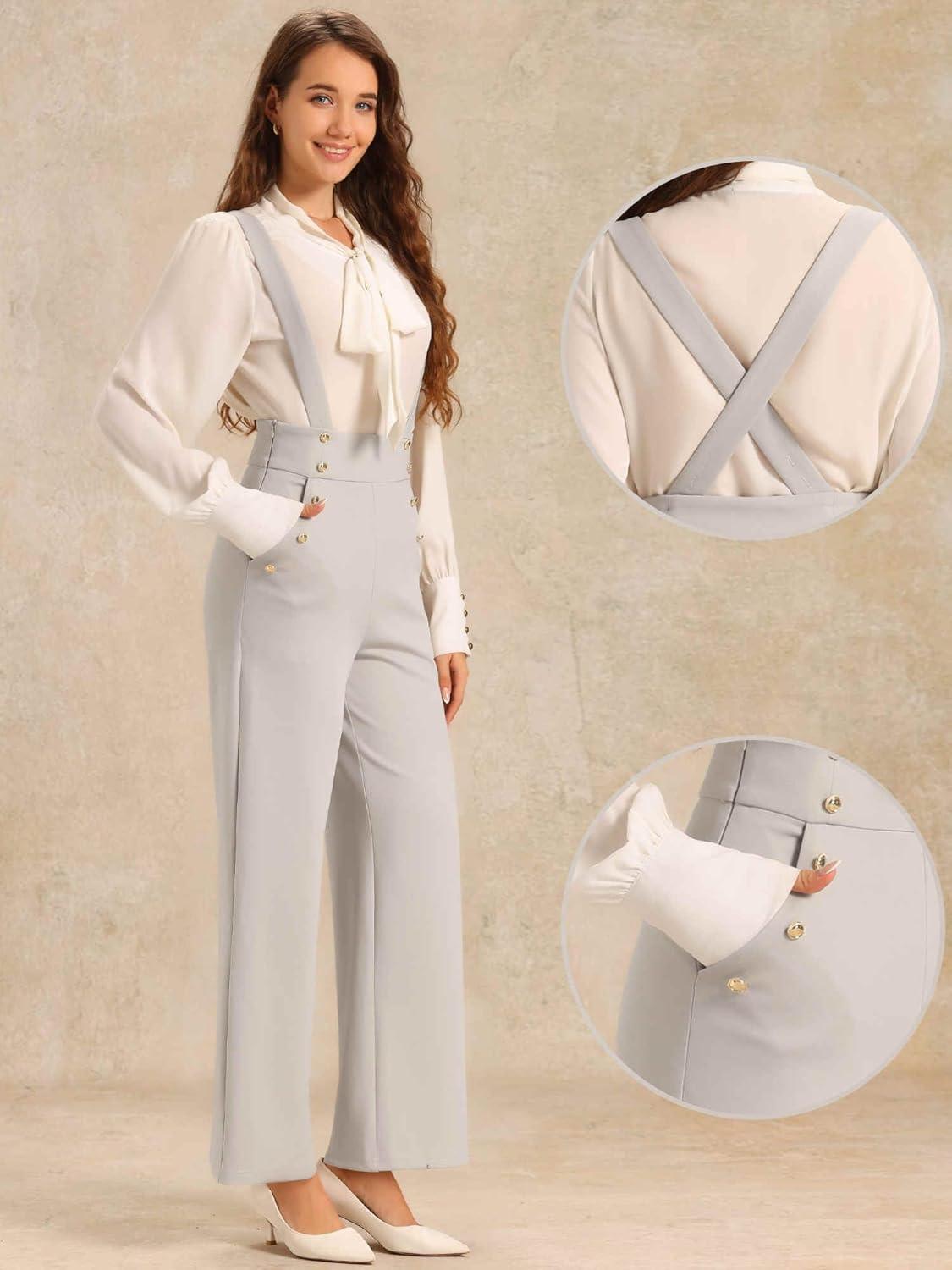 imageAllegra K Casual Office Jumpsuits for Womens Adjustable Straps Wide Leg Suspenders Pants OverallGrey Beige