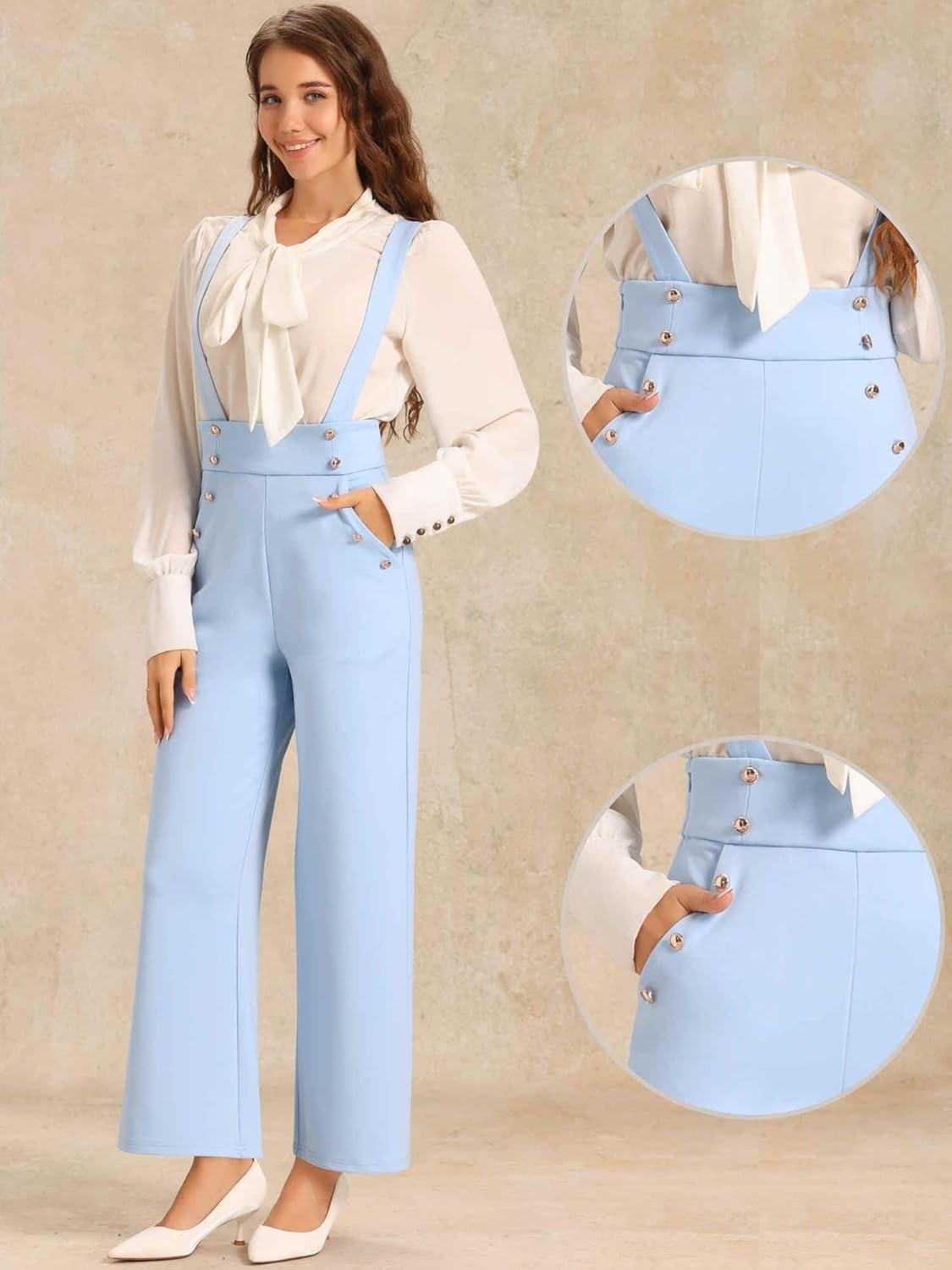 imageAllegra K Casual Office Jumpsuits for Womens Adjustable Straps Wide Leg Suspenders Pants OverallLight Blue