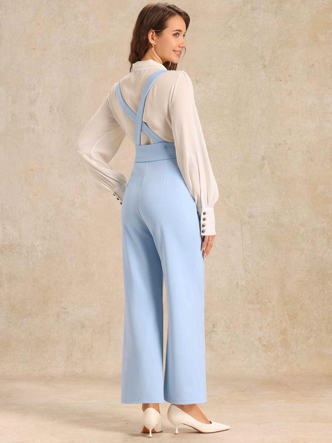 imageAllegra K Casual Office Jumpsuits for Womens Adjustable Straps Wide Leg Suspenders Pants OverallLight Blue
