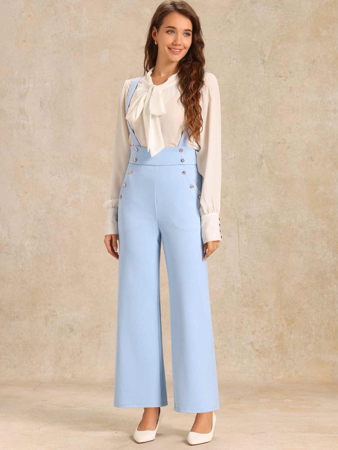 imageAllegra K Casual Office Jumpsuits for Womens Adjustable Straps Wide Leg Suspenders Pants OverallLight Blue