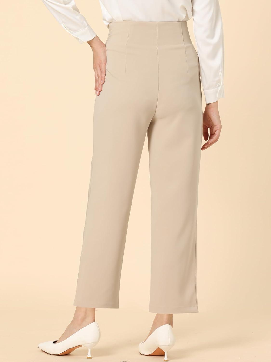 imageAllegra K Elegant Business Pants for Womens Elastic Waist Button Decor Straight Leg Work TrousersBeige