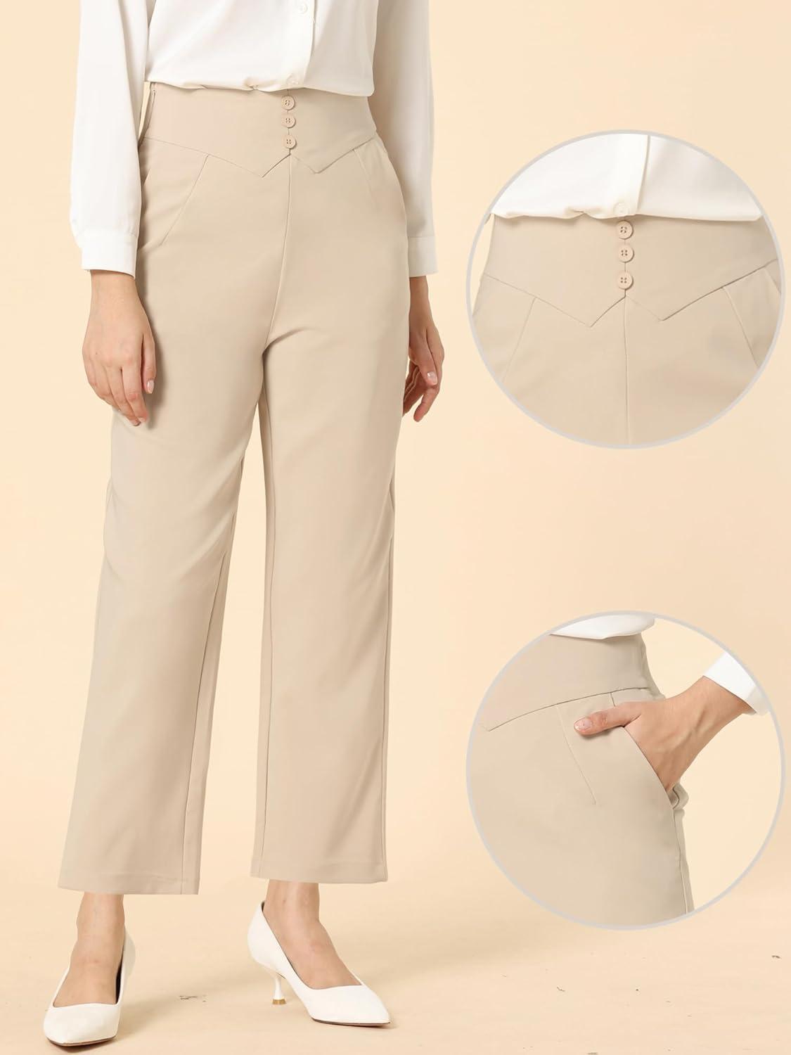 imageAllegra K Elegant Business Pants for Womens Elastic Waist Button Decor Straight Leg Work TrousersBeige