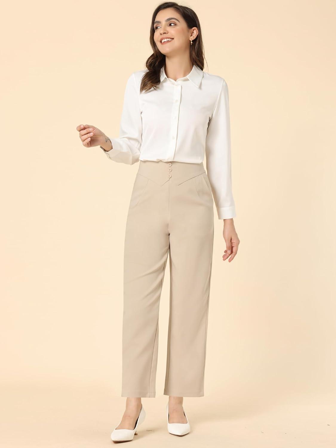 imageAllegra K Elegant Business Pants for Womens Elastic Waist Button Decor Straight Leg Work TrousersBeige
