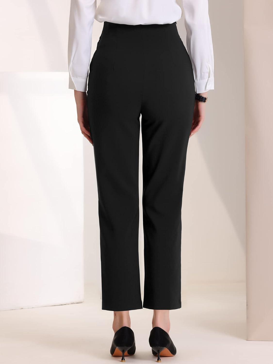 imageAllegra K Elegant Business Pants for Womens Elastic Waist Button Decor Straight Leg Work TrousersBlack