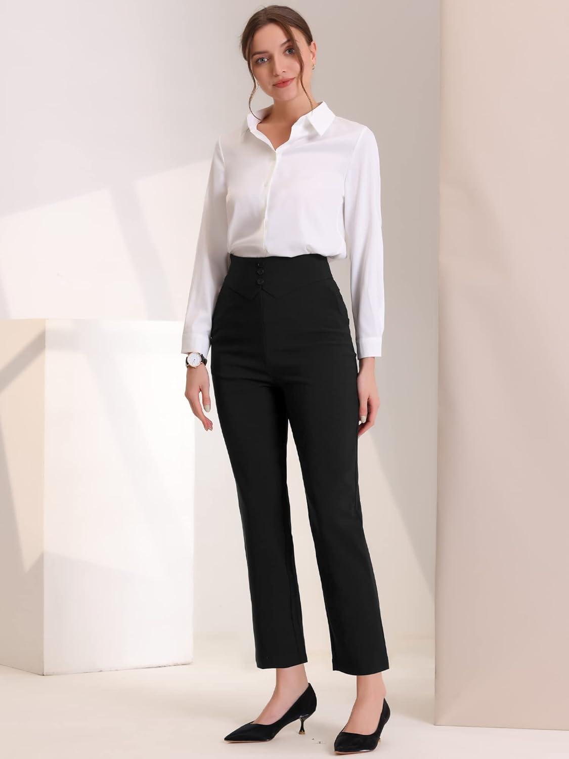 imageAllegra K Elegant Business Pants for Womens Elastic Waist Button Decor Straight Leg Work TrousersBlack