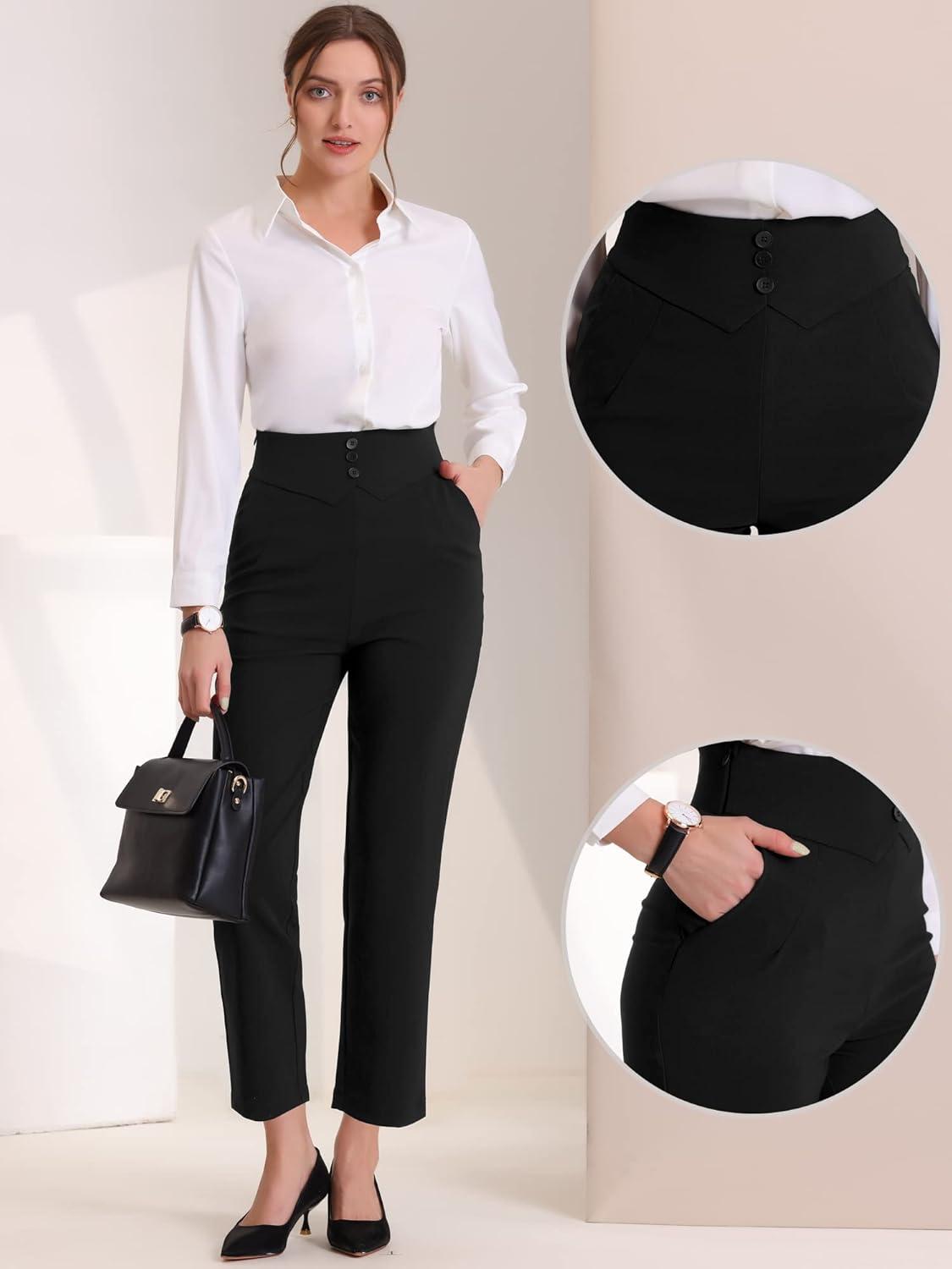 imageAllegra K Elegant Business Pants for Womens Elastic Waist Button Decor Straight Leg Work TrousersBlack