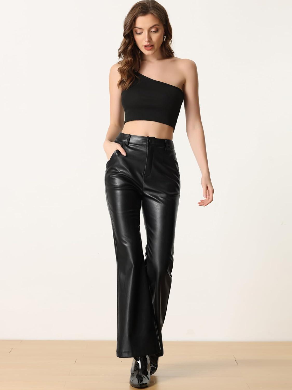 imageAllegra K Faux Leather Casual Pant for Womens High Waist Bell Bottom Flared Long PU TrouserBlack