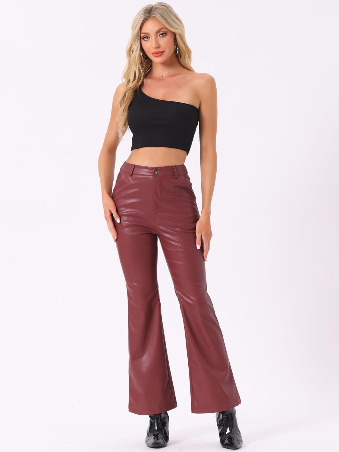 imageAllegra K Faux Leather Casual Pant for Womens High Waist Bell Bottom Flared Long PU TrouserBurgundy