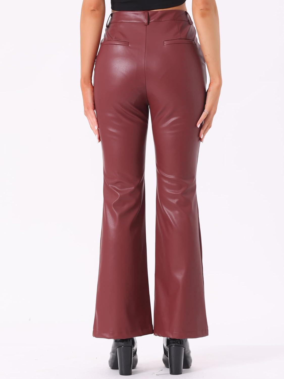 imageAllegra K Faux Leather Casual Pant for Womens High Waist Bell Bottom Flared Long PU TrouserBurgundy