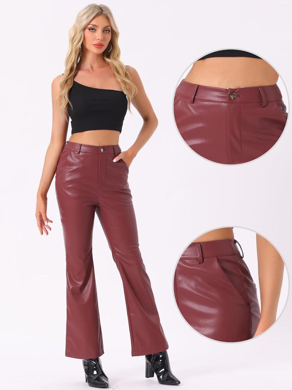 imageAllegra K Faux Leather Casual Pant for Womens High Waist Bell Bottom Flared Long PU TrouserBurgundy