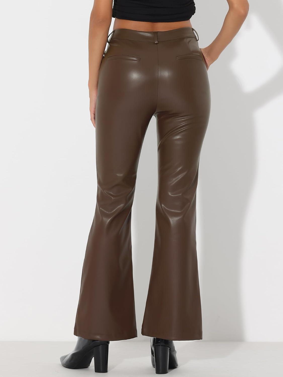 imageAllegra K Faux Leather Casual Pant for Womens High Waist Bell Bottom Flared Long PU TrouserCoffee