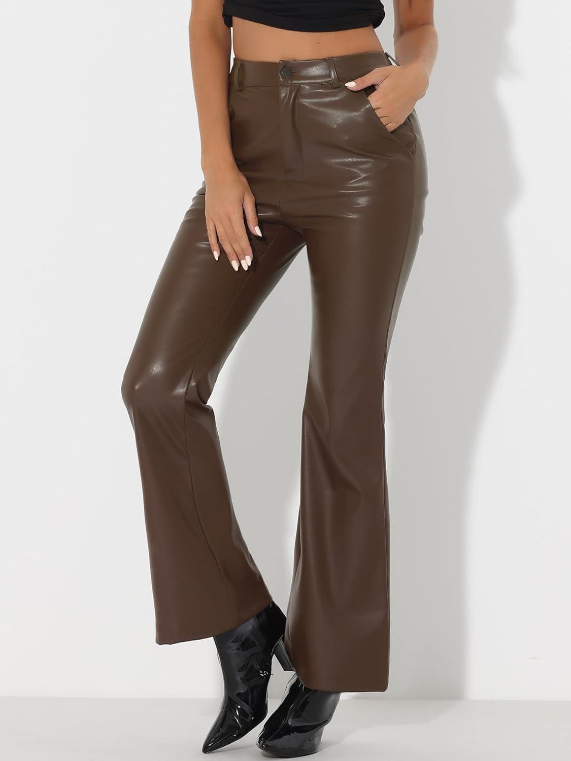 imageAllegra K Faux Leather Casual Pant for Womens High Waist Bell Bottom Flared Long PU TrouserCoffee