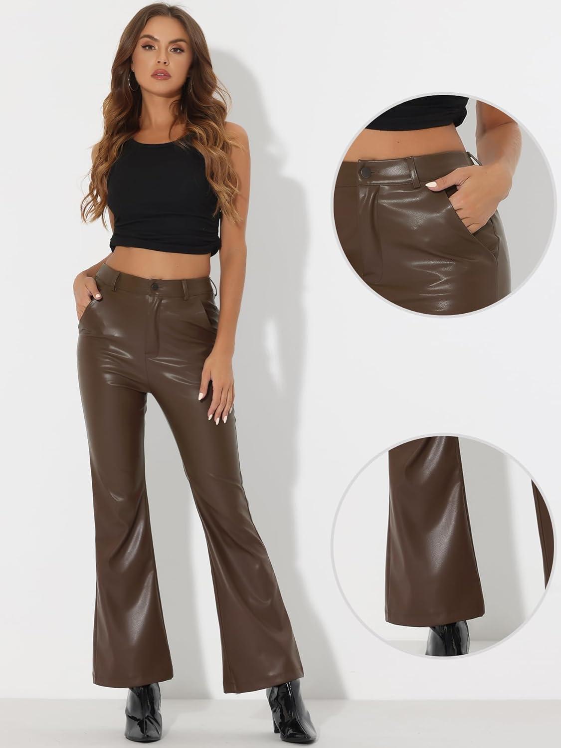 imageAllegra K Faux Leather Casual Pant for Womens High Waist Bell Bottom Flared Long PU TrouserCoffee