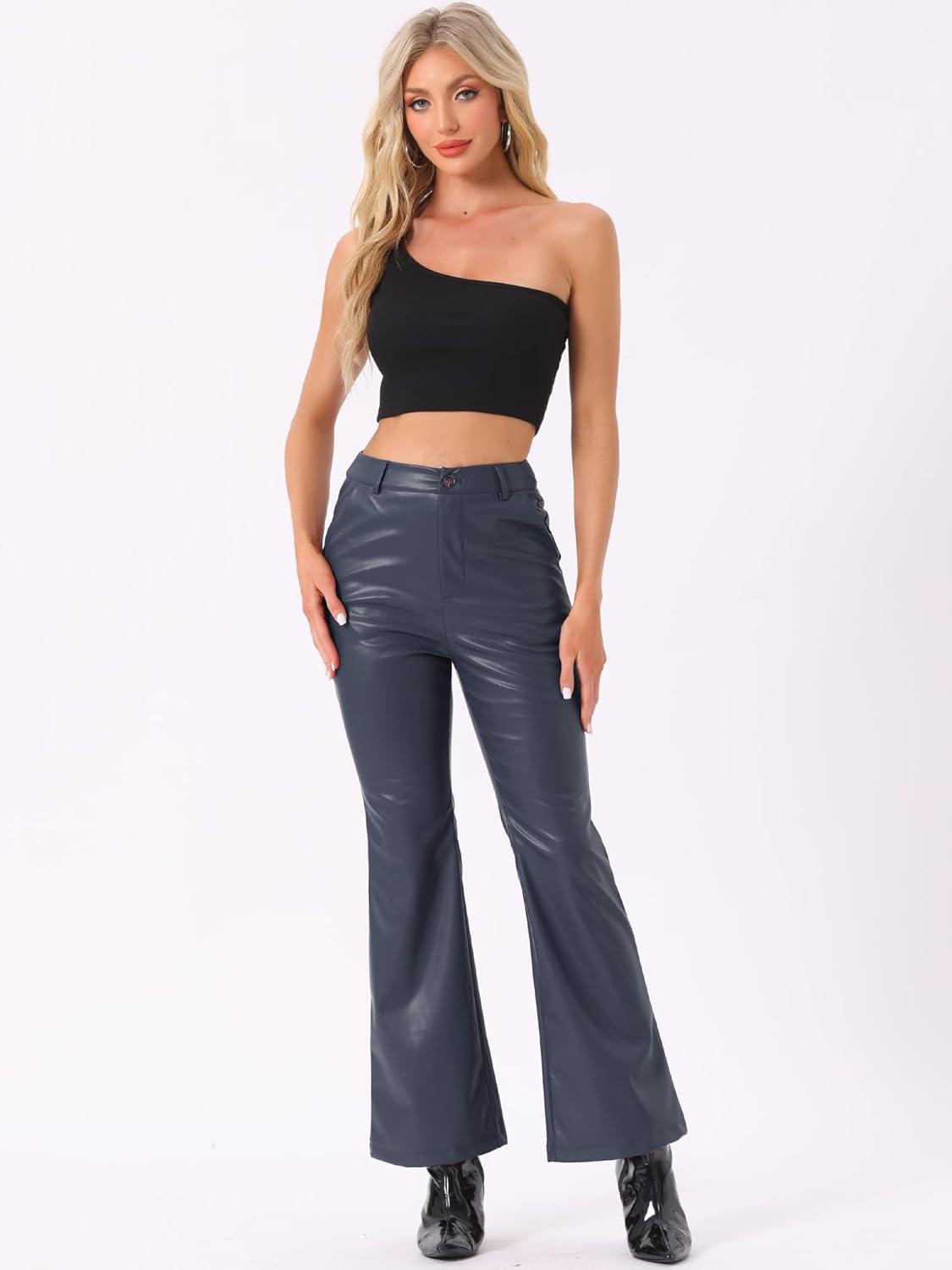 imageAllegra K Faux Leather Casual Pant for Womens High Waist Bell Bottom Flared Long PU TrouserDark Blue