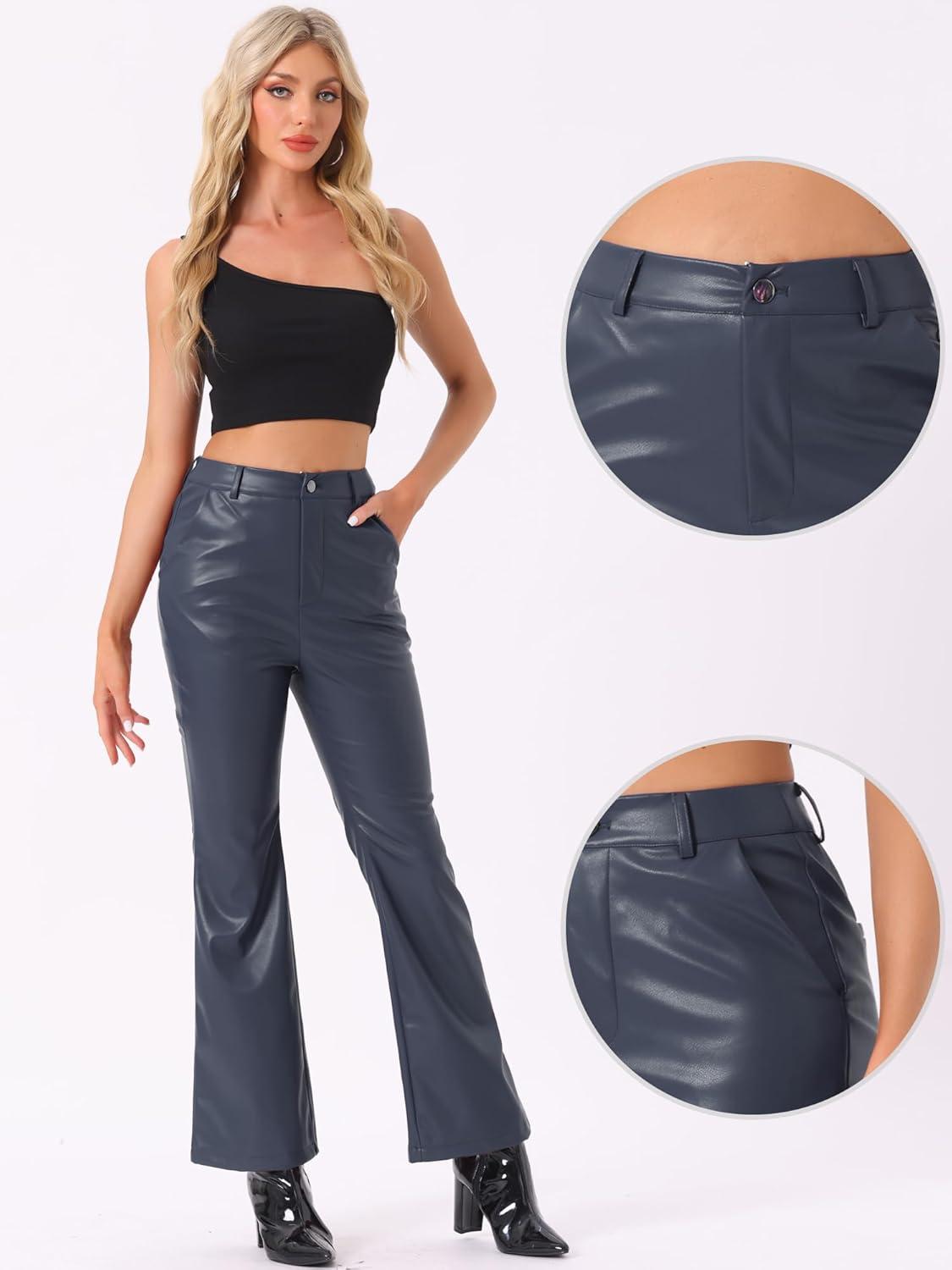 imageAllegra K Faux Leather Casual Pant for Womens High Waist Bell Bottom Flared Long PU TrouserDark Blue