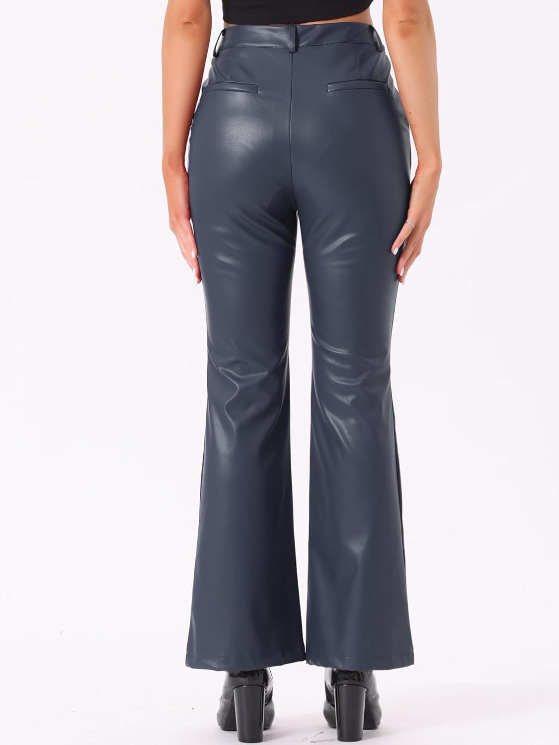 imageAllegra K Faux Leather Casual Pant for Womens High Waist Bell Bottom Flared Long PU TrouserDark Blue